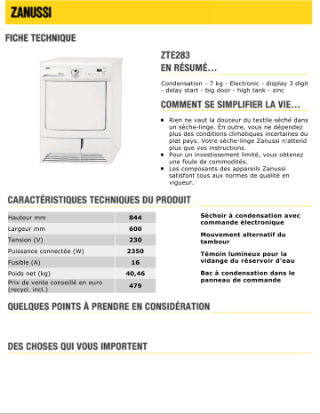 Manuel du propriétaire | Zanussi ZTE283 Manuel utilisateur | Fixfr