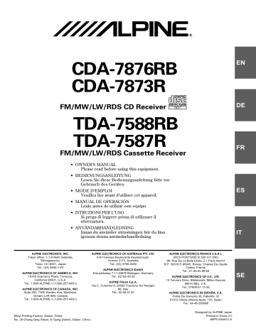 TDA-7588RB | TDA-7587R | Alpine CDA-7876RB Manuel du propriétaire | Fixfr