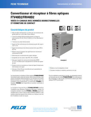 Spécification | Pelco FTV40D2-FRV40D2 Fiber Transmitter and Receiver Manuel utilisateur | Fixfr