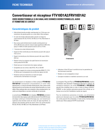 Spécification | Pelco FTV10D1A2-FRV10D1A2 Fiber Transmitter and Receiver Manuel utilisateur | Fixfr