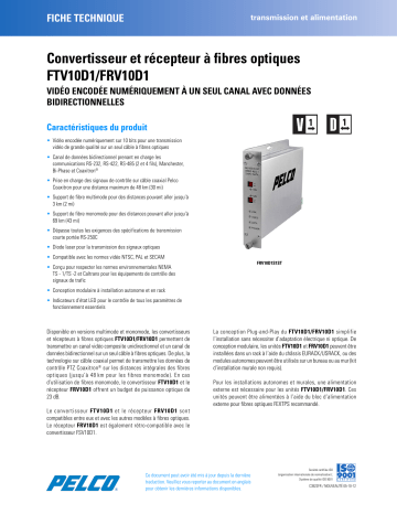 Spécification | Pelco FTV10D1-FRV10D1 Fiber Transmitter and Receiver Manuel utilisateur | Fixfr