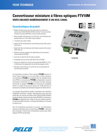 Spécification | Pelco FTV10M Miniature Fiber Transmitter Manuel utilisateur | Fixfr