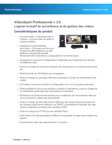 Spécification | Pelco VideoXpert Professional v 3.0 Manuel utilisateur | Fixfr