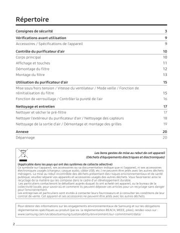Samsung AX34R3020WW/EU Air Purifier AX3300 AX34R3020WW Manuel utilisateur | Fixfr