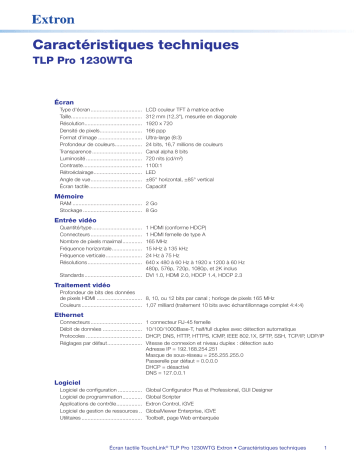 Extron TLP Pro 1230WTG spécification | Fixfr