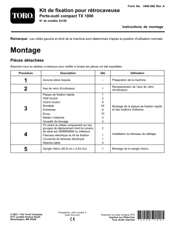 Guide d'installation | Toro Backhoe Fit-Up Kit, TX 1000 Compact Tool Carrier Compact Utility Loaders, Attachment Manuel utilisateur | Fixfr