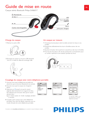 Philips SHB6017/10 Casque stéréo avec micro Bluetooth® Guide de démarrage rapide | Fixfr