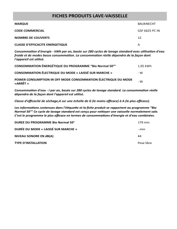 Product information | Bauknecht GSF 6625 PC IN Dishwasher Manuel utilisateur | Fixfr
