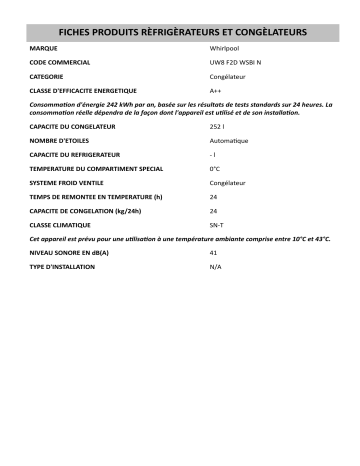 Product information | Whirlpool UW8 F2D WSBI N Freezer Manuel utilisateur | Fixfr