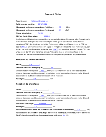 Product information | Whirlpool SPIW 409L Air Conditioner Manuel utilisateur | Fixfr