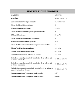 Product information | Ariston AHVP 8.7F LT K Hood Manuel utilisateur | Fixfr