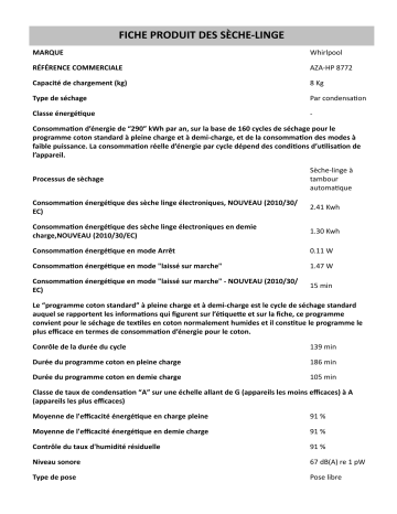 Product information | Whirlpool AZA-HP 8772 Dryer Manuel utilisateur | Fixfr