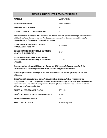 Product information | Whirlpool ADG 7440 FD Dishwasher Manuel utilisateur | Fixfr