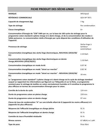 Product information | Whirlpool AZA-HP 7871 Dryer Manuel utilisateur | Fixfr