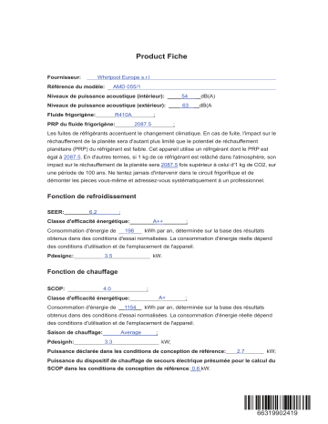 Product information | Whirlpool AMD 055/1 Air Conditioner Manuel utilisateur | Fixfr