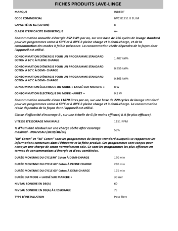 Product information | Whirlpool IWC 81251 B EU.M Manuel utilisateur | Fixfr