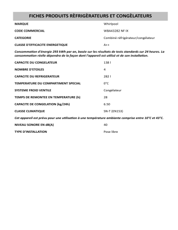 Product information | Whirlpool WBA43282 NF IX Fridge/freezer combination Manuel utilisateur | Fixfr