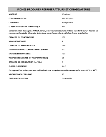 Product information | Whirlpool ARG 831/A++ Refrigerator Manuel utilisateur | Fixfr