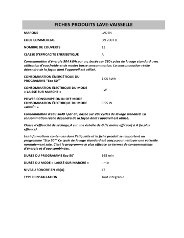 Product information | LADEN LVI 200 FD Dishwasher Manuel utilisateur | Fixfr