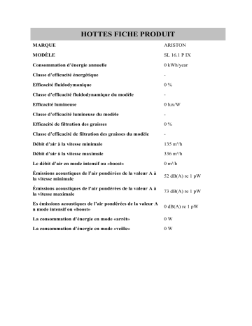 Product information | Ariston SL 16.1 P IX Hood Manuel utilisateur | Fixfr