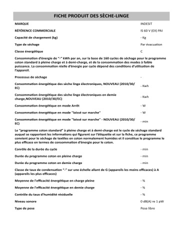 Product information | Indesit IS 60 V (EX) PAI Dryer Manuel utilisateur | Fixfr