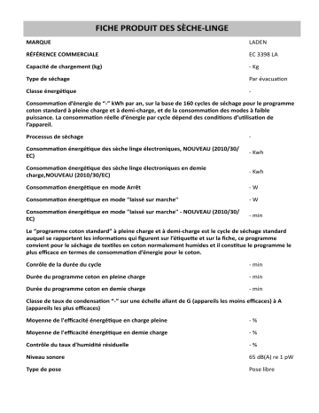 EC 3398            LA | Product information | LADEN EC 3398 LA Dryer Manuel utilisateur | Fixfr