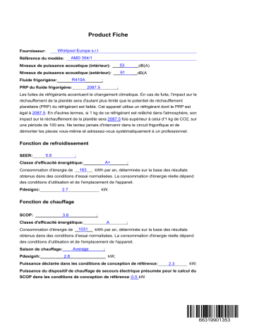 Product information | Whirlpool AMD 354/1 Air Conditioner Manuel utilisateur | Fixfr