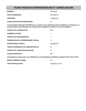 Product information | Whirlpool AFB 1840 A+ Manuel utilisateur | Fixfr