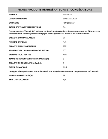 Product information | Whirlpool SW8 AM2C KAR Manuel utilisateur | Fixfr