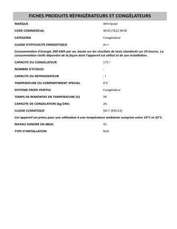 Product information | Whirlpool WVE17622 NFW Freezer Manuel utilisateur | Fixfr