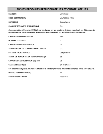 Product information | Whirlpool WVA35632 NFW Freezer Manuel utilisateur | Fixfr