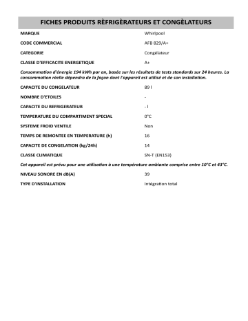 Product information | Whirlpool AFB 829/A+ Freezer Manuel utilisateur | Fixfr