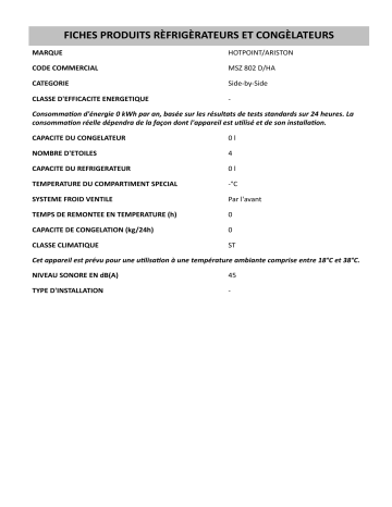 Product information | HOTPOINT/ARISTON MSZ 802 D/HA Side-by-Side Manuel utilisateur | Fixfr