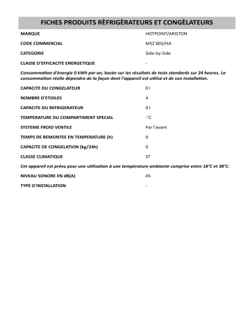 Product information | HOTPOINT/ARISTON MSZ 803/HA Side-by-Side Manuel utilisateur | Fixfr