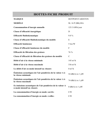 Product information | HOTPOINT/ARISTON SL 16 P (BK)/HA Hood Manuel utilisateur | Fixfr