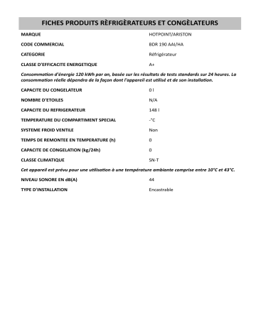 Product information | HOTPOINT/ARISTON BDR 190 AAI/HA Refrigerator Manuel utilisateur | Fixfr