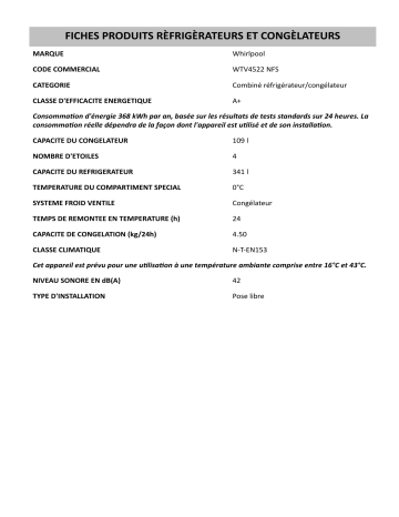 Product information | Whirlpool WTV4522 NFS Fridge/freezer combination Manuel utilisateur | Fixfr