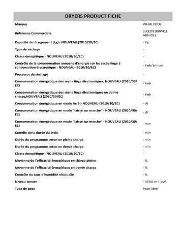 Product information | Whirlpool 3LCED9100WQ1 ADN 051 Dryer Manuel utilisateur | Fixfr