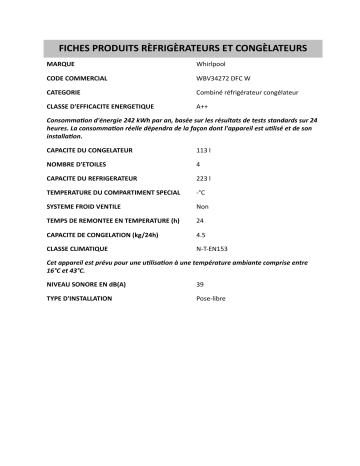 Product information | Whirlpool WBV34272 DFC W Fridge/freezer combination Manuel utilisateur | Fixfr