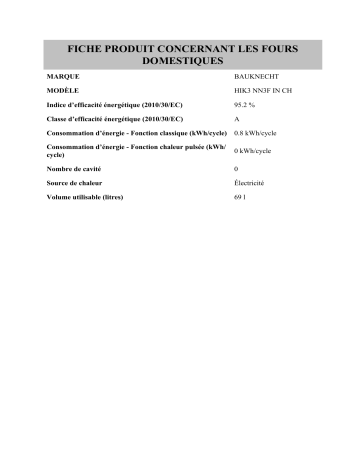 Product information | Bauknecht HIK3 NN3F IN CH Oven Manuel utilisateur | Fixfr