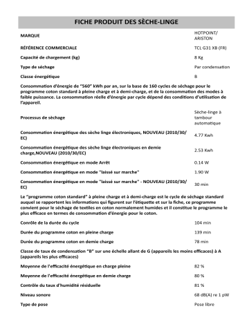 Product information | HOTPOINT/ARISTON TCL G31 XB (FR) Dryer Manuel utilisateur | Fixfr