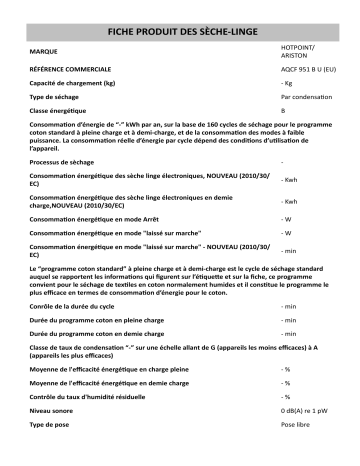 Product information | HOTPOINT/ARISTON AQCF 951 B U (EU) Dryer Manuel utilisateur | Fixfr