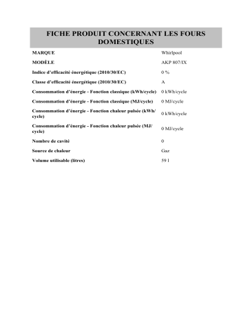 Product information | Whirlpool AKP 807/IX Manuel utilisateur | Fixfr