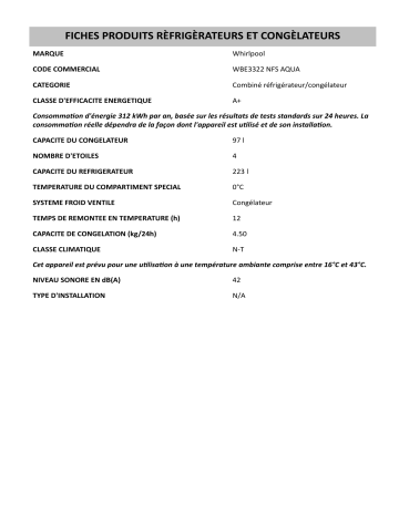 Product information | Whirlpool WBE3322 NFS AQUA Fridge/freezer combination Manuel utilisateur | Fixfr