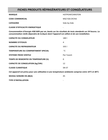 Product information | HOTPOINT/ARISTON MSZ 926 DF/HA Side-by-Side Manuel utilisateur | Fixfr