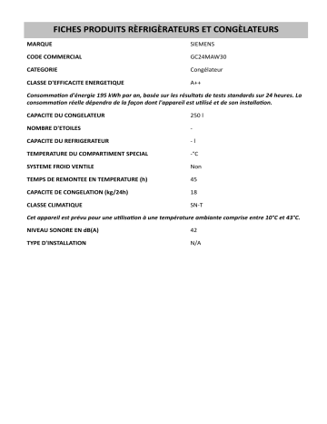 Product information | Siemens GC24MAW30 Freezer Manuel utilisateur | Fixfr