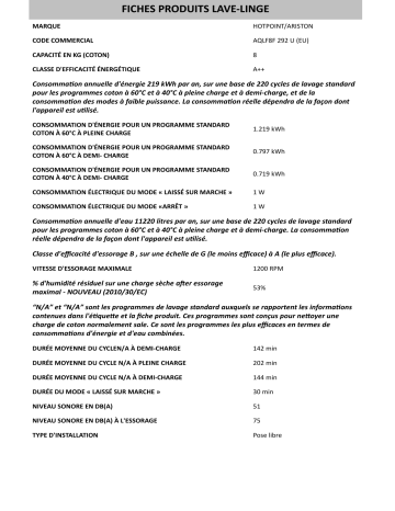 Product information | HOTPOINT/ARISTON AQLF8F 292 U (EU) Washing machine Manuel utilisateur | Fixfr