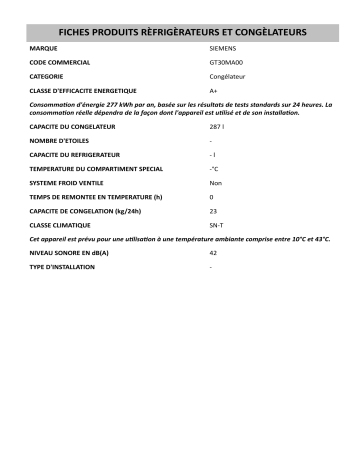 Product information | Siemens GT30MA00 Freezer Manuel utilisateur | Fixfr