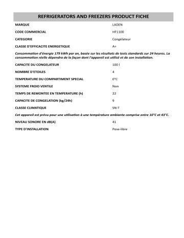 Product information | LADEN HF1100 Freezer Manuel utilisateur | Fixfr