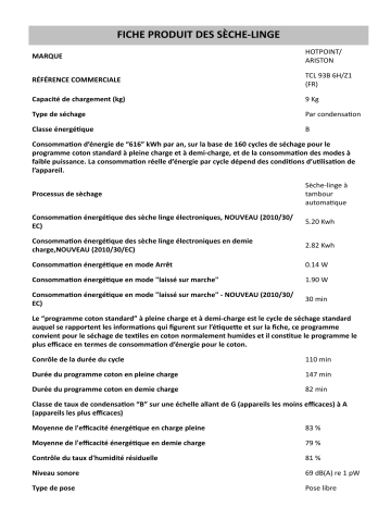 Product information | HOTPOINT/ARISTON TCL 93B 6H/Z1 (FR) Dryer Manuel utilisateur | Fixfr